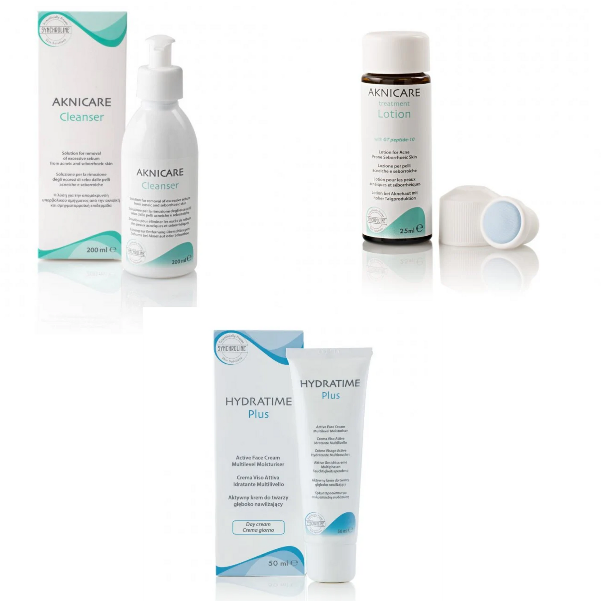 Acne treatment products including bottles and boxes on a white background