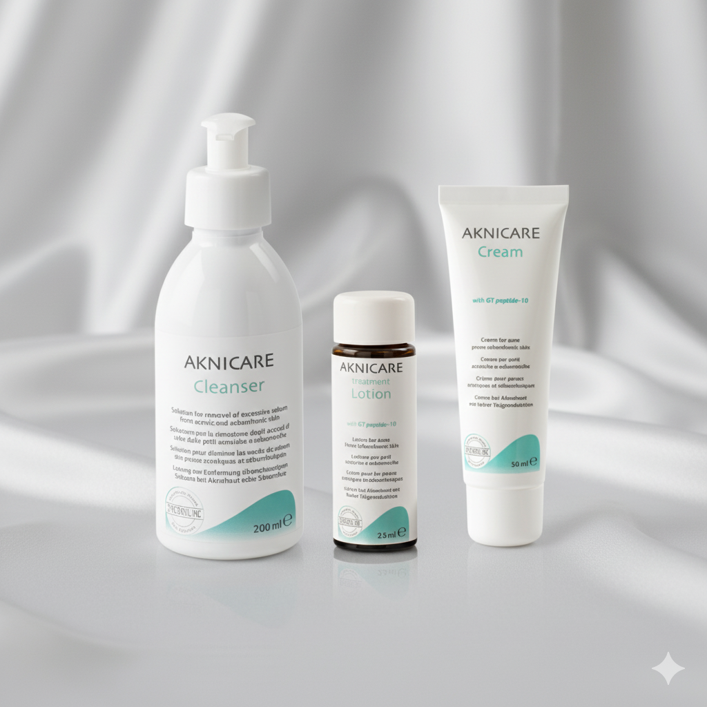 Aknicare acne skincare treatment products on a gray background