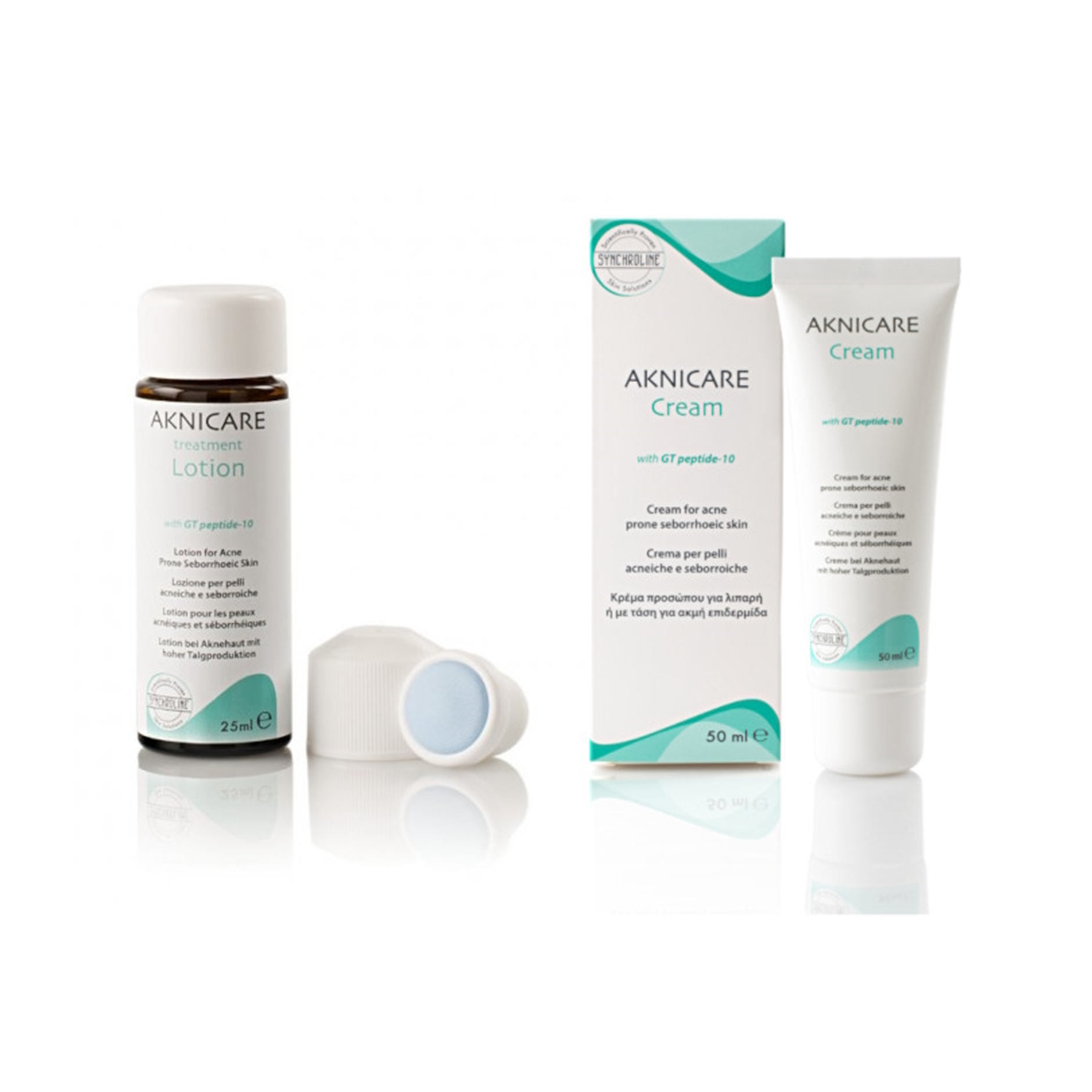 Aknicare medical and cosmetic acne treatment products including lotion, cream, and a small container on a white background