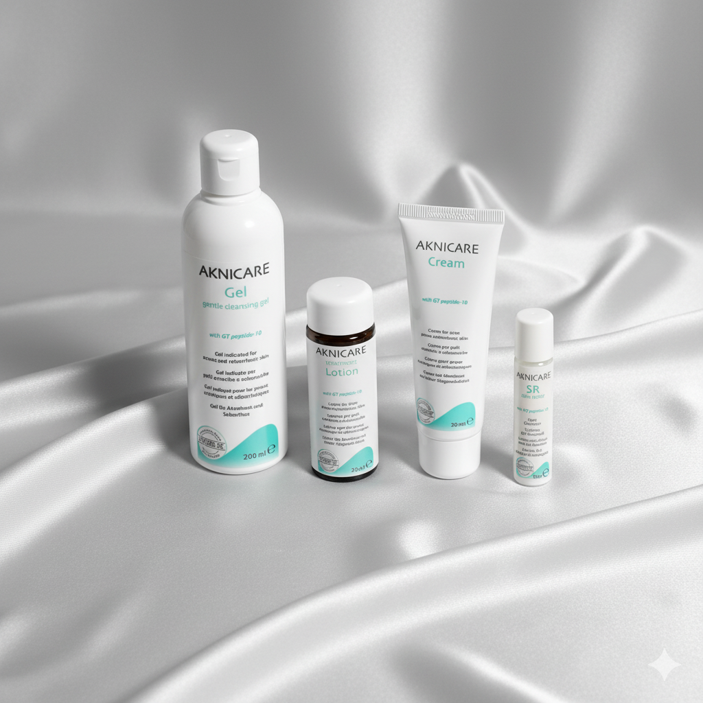 Aknicare acne skincare treatment products on a white background