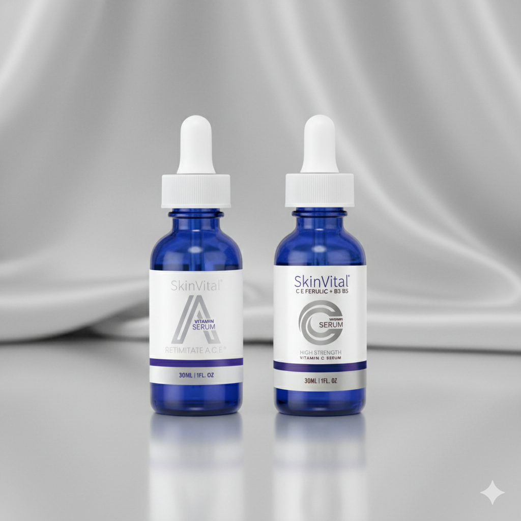 Two blue serum bottles with white droppers on a gray background. Achieve Radiant, Clear, Hydrated Skin