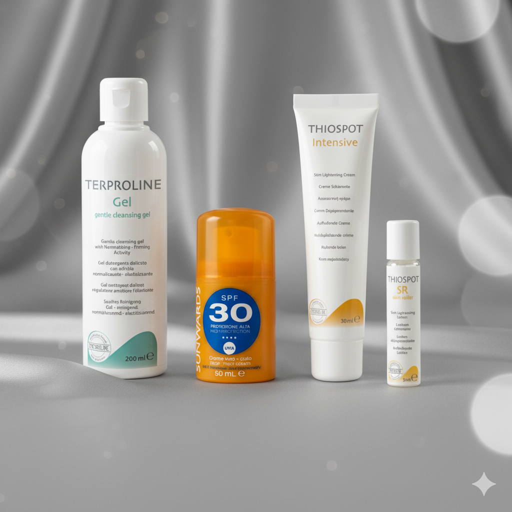 Skincare uneven skin tone products from different brands on a gray background