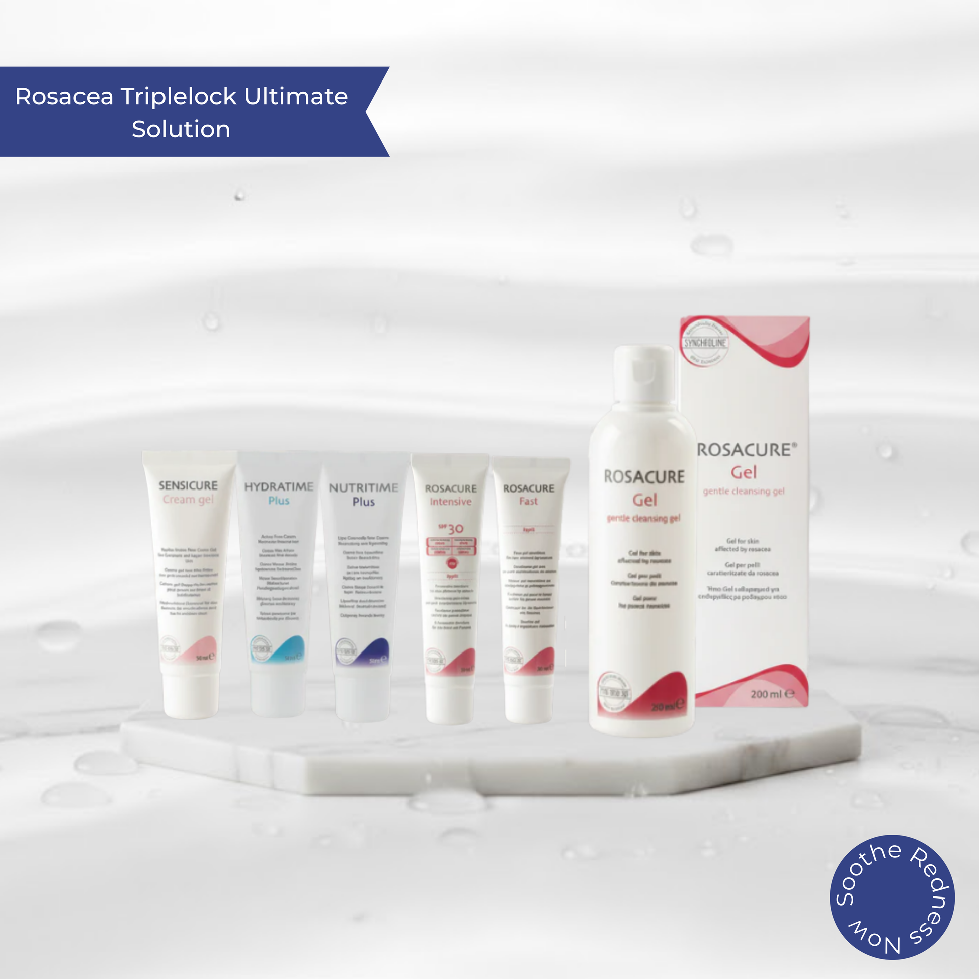 Collection of Rosacure Ultimate Treatment for Rosacea skincare products on a white background with 'Rosacea Triplelock Ultimate Solution' text.