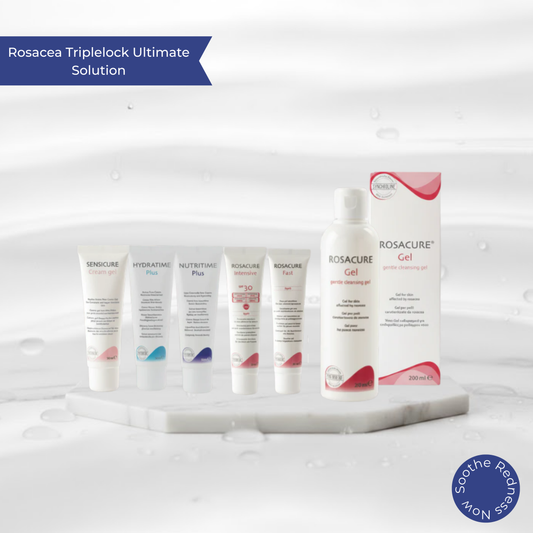 Collection of Rosacure Ultimate Treatment for Rosacea skincare products on a white background with 'Rosacea Triplelock Ultimate Solution' text.