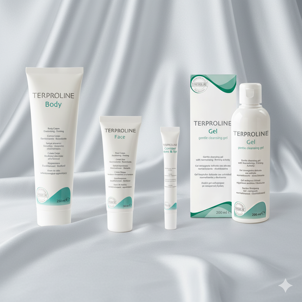 Collection of Terproline skincare products for Firmer Younger-Looking Skin on a gray fabric background