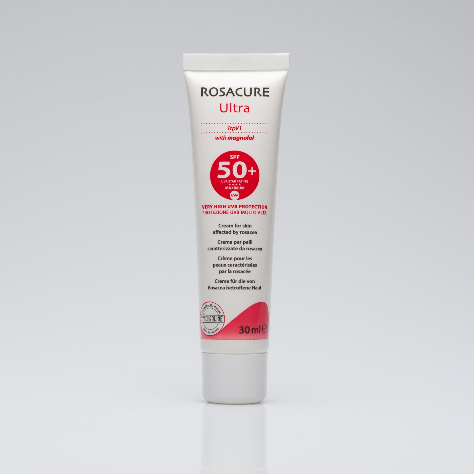 Rosacure Ultra sunscreen for Skin Affected by Rosacea cream tube on a gray background